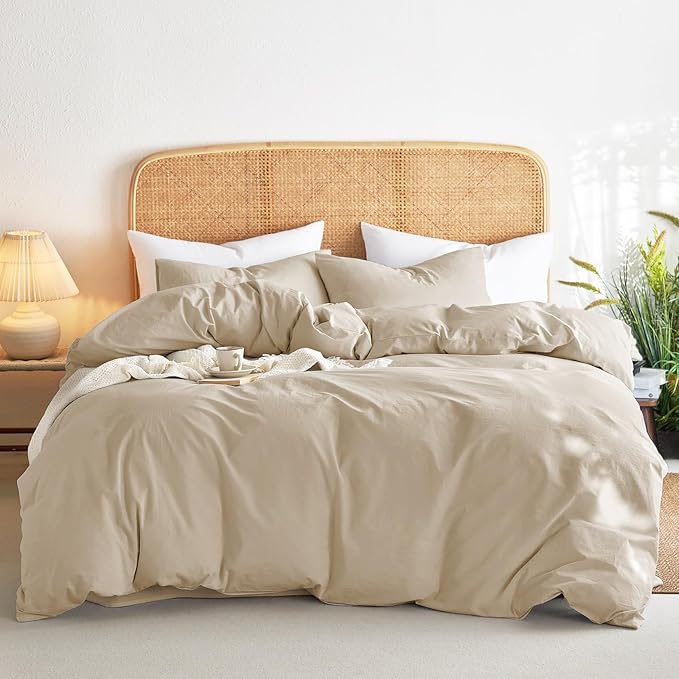 Wake In Cloud - Cotton Duvet Cover Set, Queen Size, Khaki Linen Color, 100% - Image 9