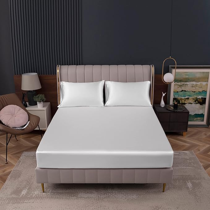 Homiest White Satin Fitted Sheet King Size, Deep Pocket, Luxury & Ultra Soft - Image 2