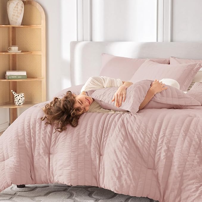 MUXHOMO 7 Pieces King Comforter Set, Seersucker Bed in a Bag King Size - Image 7