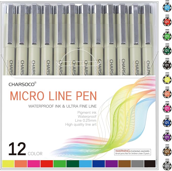 01 Micro Pen, Fine Point Pen with 12 Colors, Waterproof Archival Ink, 0.25mm Fineliner Ink Pens for Artist Illustration, Sketching, Anime, Manga, Technical Drawing and Scrapbooking-DeskoryOffice