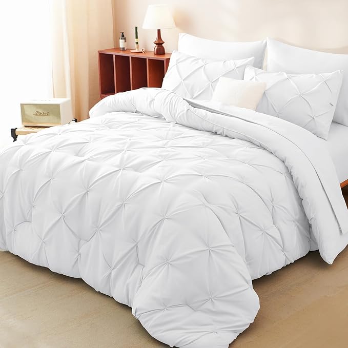 HIMEET Pintuck Bed in a Bag, 7 Pieces King Size Comforter Set White, Luxury - Image 8