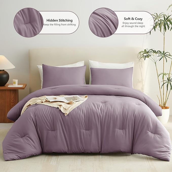 CozyLux Oversized Queen Comforter Set Dusty Purple, 3 Pieces 98x98 Solid - Image 2
