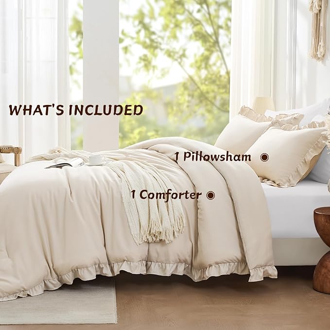 FUANNA Twin Comforter Set Beige, Ruffle Shabby Chic Twin Bed Set, Fluffy - Image 5