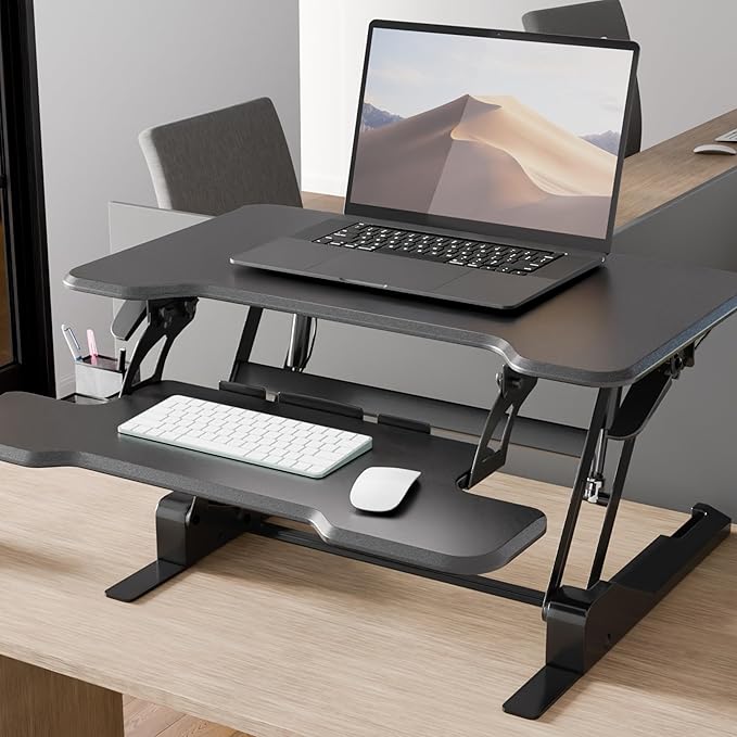 Mount-It! Height Adjustable Standing Desk Converter, Compact 30” Wide Tabletop Standing Desk Riser with Gas Spring, Desktop Stand Up Workstation with Keyboard Tray Fits Monitor or Laptop, Black-DeskoryOffice
