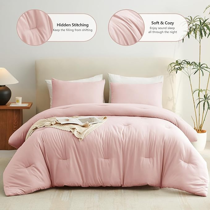 CozyLux Full Size Comforter Set Blush Pink, 3 Pieces Solid Breathable Quilted - Image 2