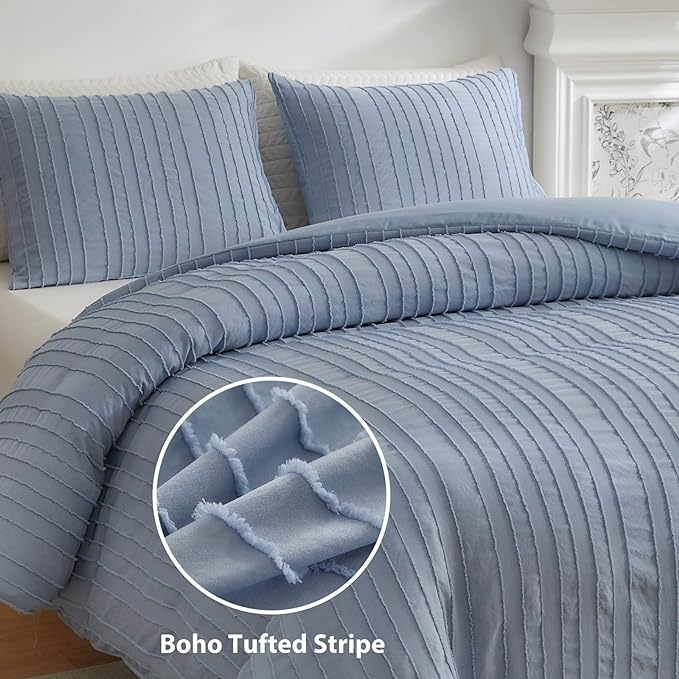 WARMDERN Blue Striped Duvet Cover Set, Boho Textured Tufted Bedding, 2 Piece - Image 2