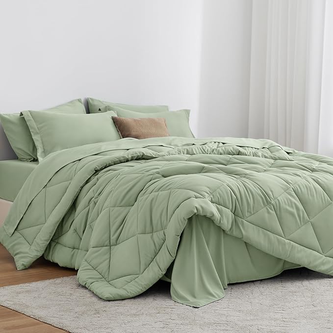 Love's cabin Queen Comforter Set Sage, 7 Pieces Queen Bed in a Bag, All Season by Lovescabin