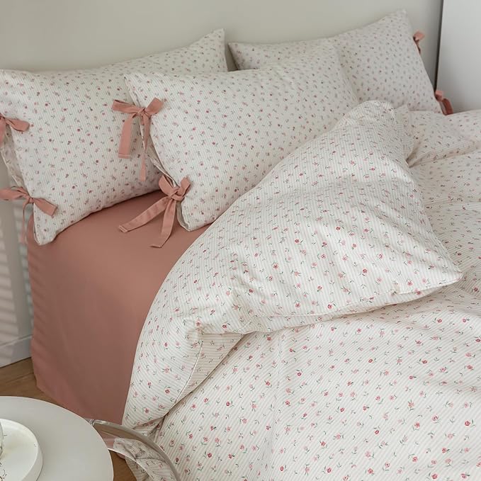 mixinni White Flower Pattern Duvet Cover King Pink Floral Stripes Duvet Cover by mixinni