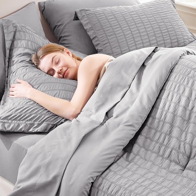 CozyLux Oversized King Comforter Set Grey, Seersucker 7 Pieces 120x98 Bed in a - Image 5