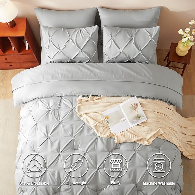 CozyLux Full Size Comforter Sets Light Grey, 7 Pieces Pintuck Bed in A Bag Gray - Image 2