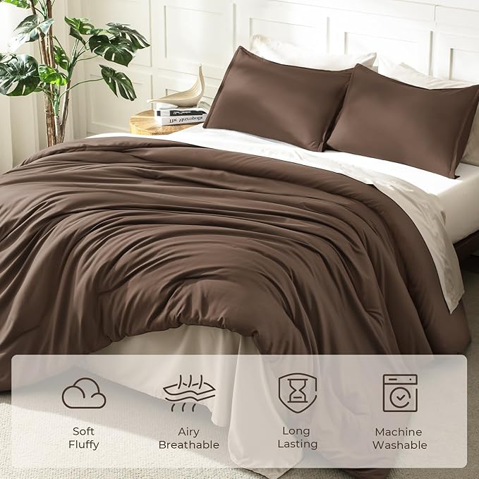 Litanika Brown Comforter Set King Size, 3 Pieces Lightweight Solid Bedding - Image 3