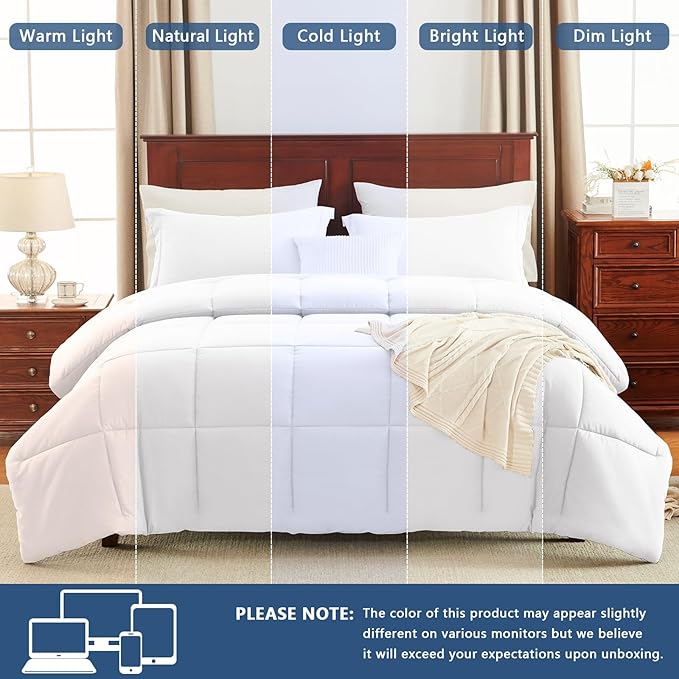CozyLux Super King Plus Comforter Set, 3 Pieces White 128x120 Box Stitched - Image 5