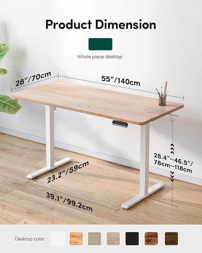 FEZIBO One-Piece Standing Desk Adjustable Height Stand up Home Office Desk, 55x24 Inch Electric Standing Computer Desk, with 4 Memory Presets, Fixable casters, Maple-DeskoryOffice