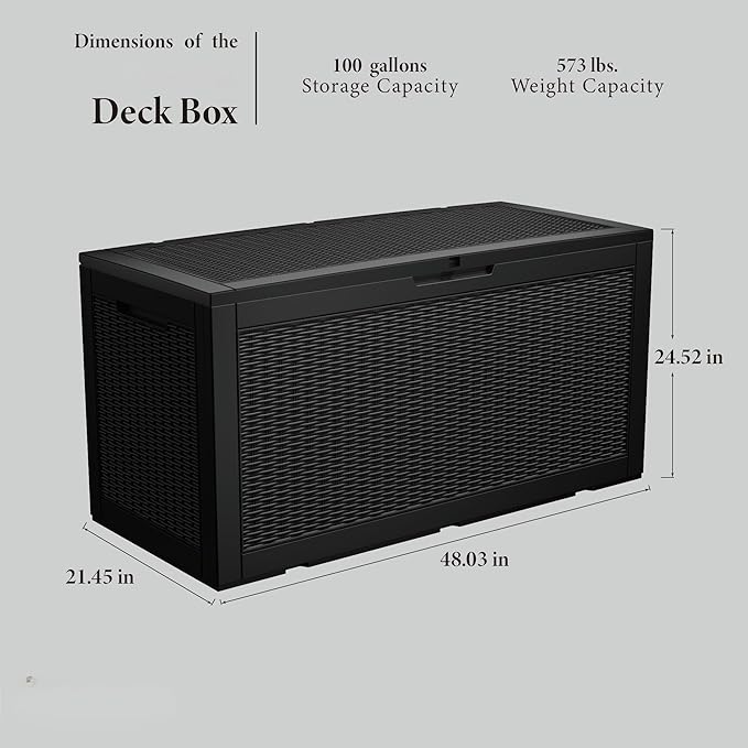 100 Gallon Outdoor Storage Box Waterproof Lockable Resin Deck Box Large, Patio Storage Bin for Pool Accessories Cushion Furniture, Garden Tools, UV-Resistant Outside Delivery Black-DeskoryOffice