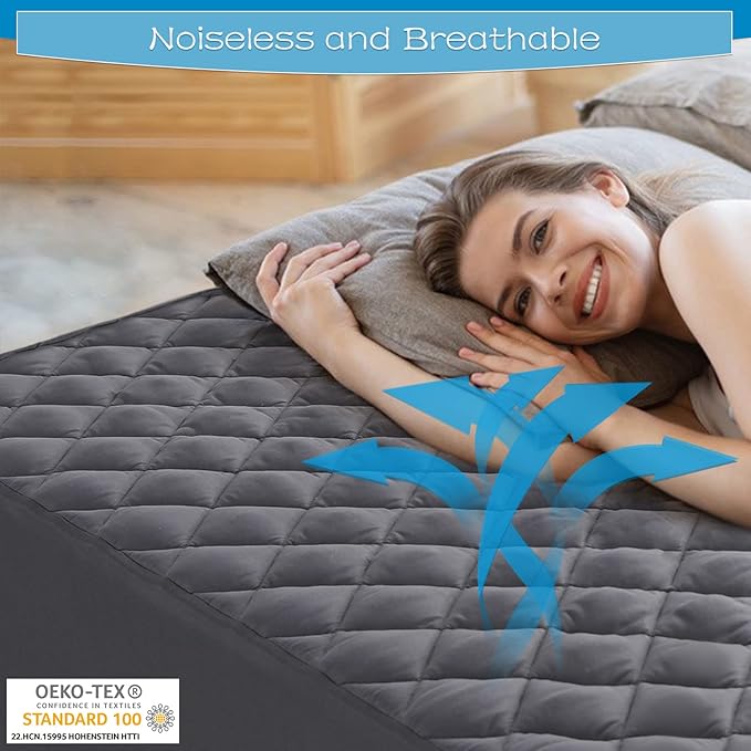 GRT Twin Size Grey Quilted Fitted Mattress Pad, 100% Waterproof Breathable - Image 3
