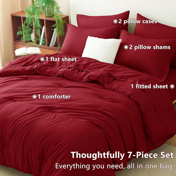 CozyLux Queen Comforter Set Dark Red, 7 Pieces Bed in a Bag Queen Comforter Set - Image 6