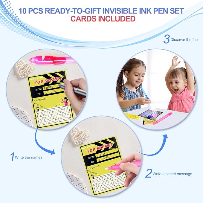 10 Pcs Invisible Ink Pens with UV Led dark light, Word Search & Maze Activities Cards and Bags Included, End of School Year Gift, Fun for Kids' Birthday, Halloween, Christmas, Goodie bag stuffers-DeskoryOffice
