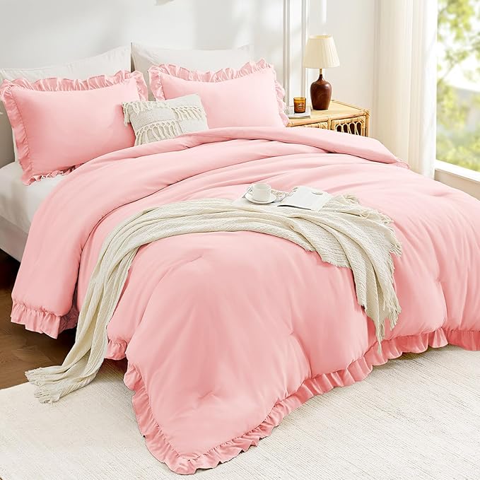 FUANNA Full Size Comforter Sets Pink, 3 Pieces Ruffle Full Size Bedding Sets - Image 2