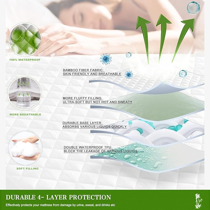 UNILIBRA Twin XL Mattress Pad Waterproof Rayon Made from Bamboo, Fitted Deep - Image 3