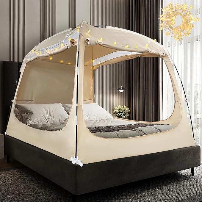 Bed Tent Bed Canopy Breathable 100% for Adult and Kids- Original Design Light Reduction 93% Sleeping Dream Tents Indoor Portable Big Space with String Light 3 Doors Twin Full Queen King Size