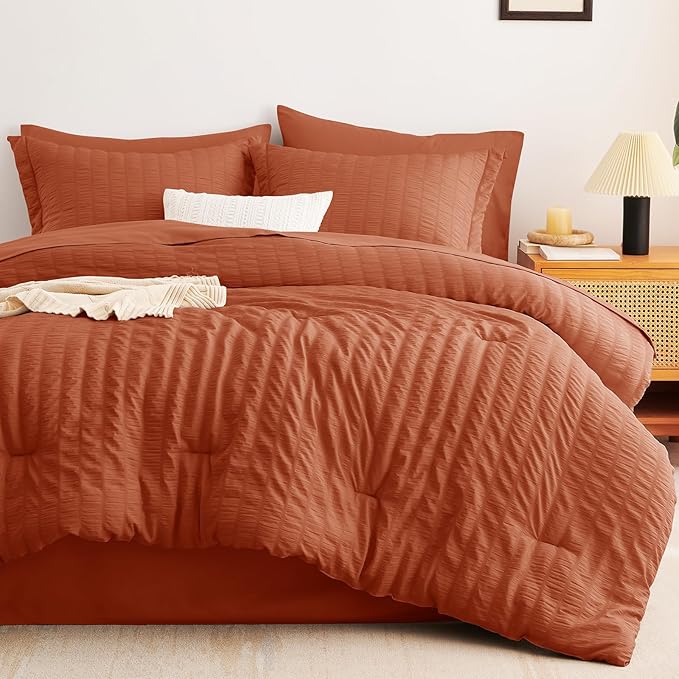 CozyLux Oversized King Comforter Set Burnt Orange Seersucker 7 Pieces 120x98 - Image 9