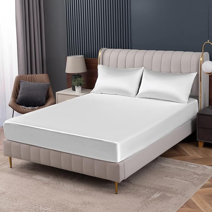 Homiest White Satin Fitted Sheet Twin Size, Deep Pocket, Luxury & Ultra Soft by Homiest