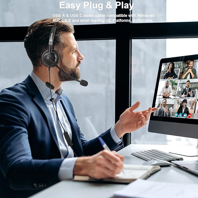 Arama Headset with Microphone for Pc, USB Headset with Noise Canceling Microphone for Laptop, Wired Computer Headset with Mute for Home Office Online Class Skype Zoom Meetings (USBA+USBC, Black)-DeskoryOffice