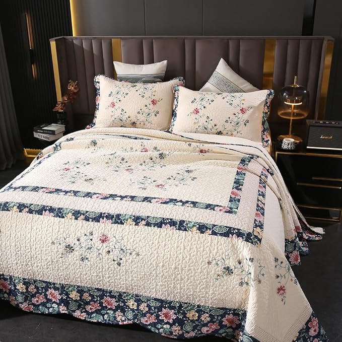 Quilt Set Floral Leaves 3D Embroidery Pattern 2 PCS Cotton Reversible Quilted - Image 5