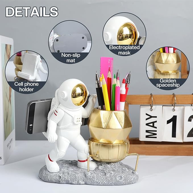 Astronaut Pen Pencil Holder with Phone Stand Resin Spaceman Pencil Holder Desk Pen Holder Organizer Decorative Accessories Suitable Office Classroom Home Creative Gifts for Adults and Kids-DeskoryOffice
