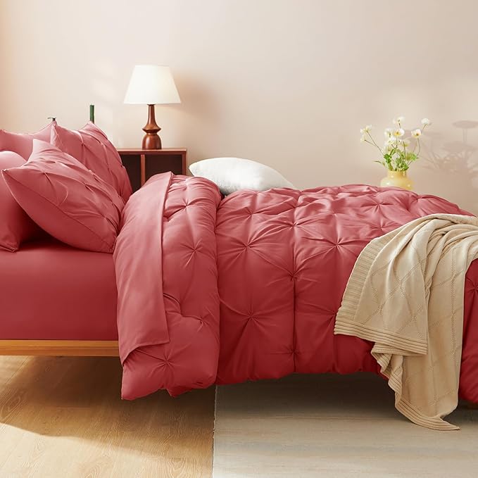 CozyLux Queen Comforter Set Coral, 7 Pieces Pintuck Bed in A Bag, Premium Coral - Image 9