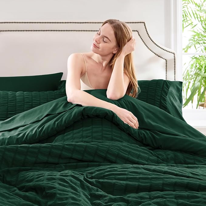 CozyLux Oversized Queen Comforter Set Emerald Green Seersucker 7 Pieces 98x98 - Image 7