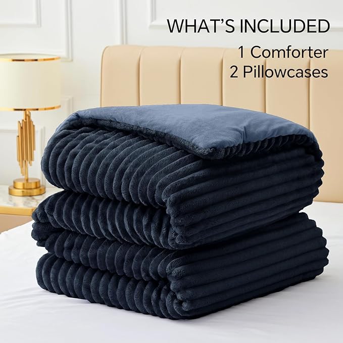 BEDELITE Fleece Oversized Queen Comforter Set -Super Soft & Warm Fluffy Navy - Image 6
