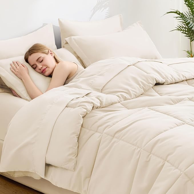 Love's cabin Full Comforter Set Beige, 7 Pieces Full Bed in a Bag, All Season - Image 3