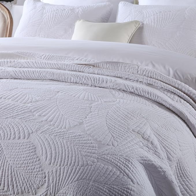 ROOMLIFE Queen Quilt Set Palm Leaves Pattern 3 PCS 100% Cotton Soft Breathable - Image 7