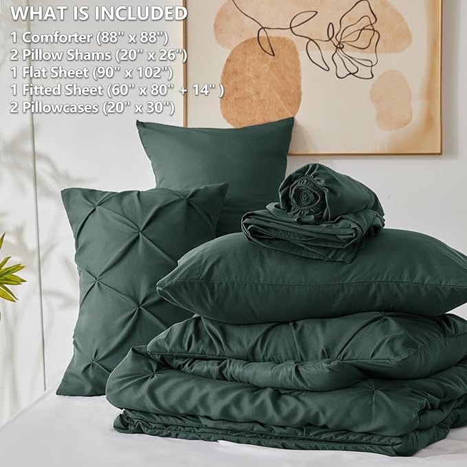 CozyLux Queen Comforter Set Forest Green, 7 Pieces Pintuck Bed in A Bag - Image 6