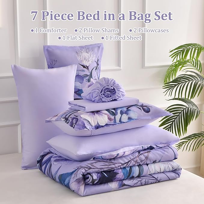 Luxudecor Lavender Purple Floral Comforter Set King Size 7 Piece, Flower Bed in - Image 7