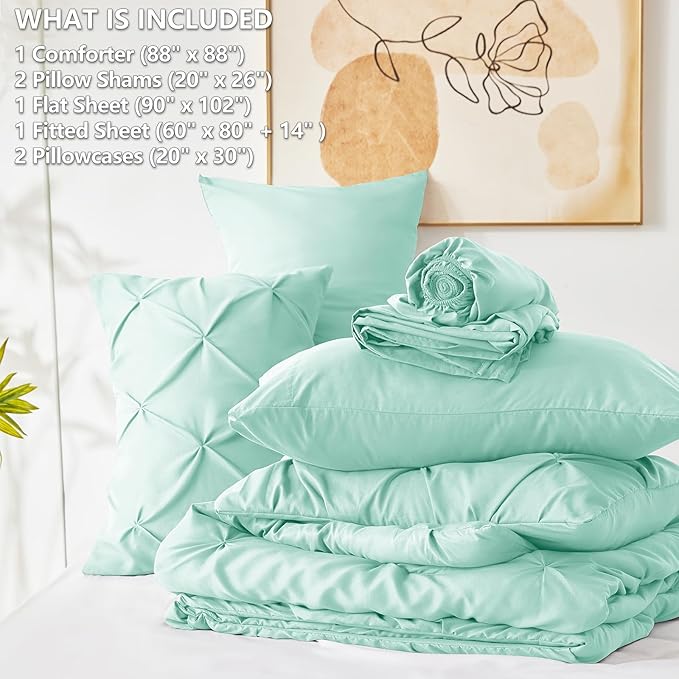 CozyLux Queen Comforter Set Mint Green, 7 Pieces Pintuck Bed in A Bag, Premium - Image 7