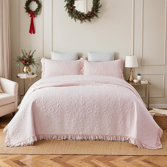 Brandream Queen Size Quilt Set Cotton Light Pink Quilts Shabby Chic Bedding - Image 2