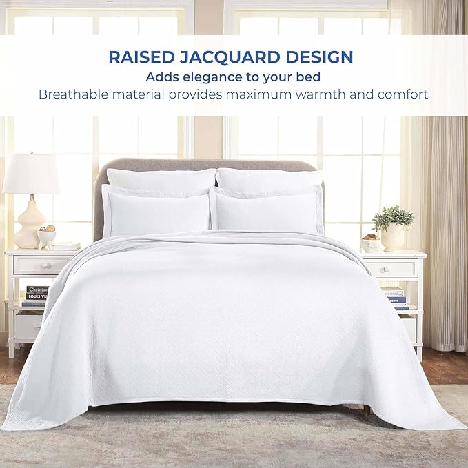 Superior 3 Piece Basketweave Cotton Bedspread Set, Home Bed Decor, Decorative Bed Spread, 2 Pillow Shams, Medium Weight Blanket, Matelasse Coverlet Bedding, Geometric Lattice Pattern, Queen, White