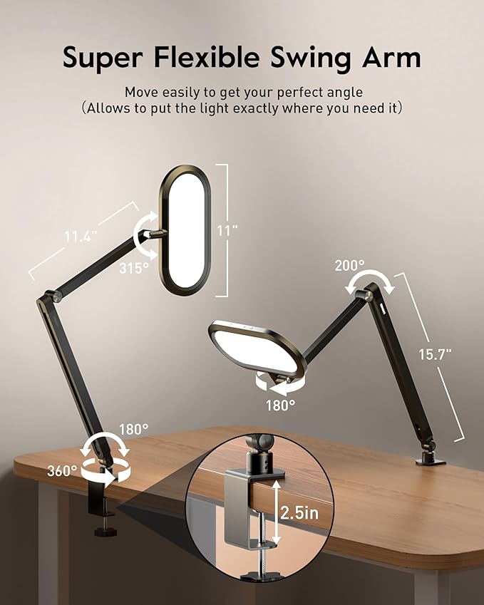 Desk Lamp for Home Office, Eye-Care Dual-Sided Seamless Dimmable LED Desk Light with Knob Remote, Adjustable Arm Clamp Computer Lighting for Video Conference Recording, Zoom Call, Task, Stream-DeskoryOffice