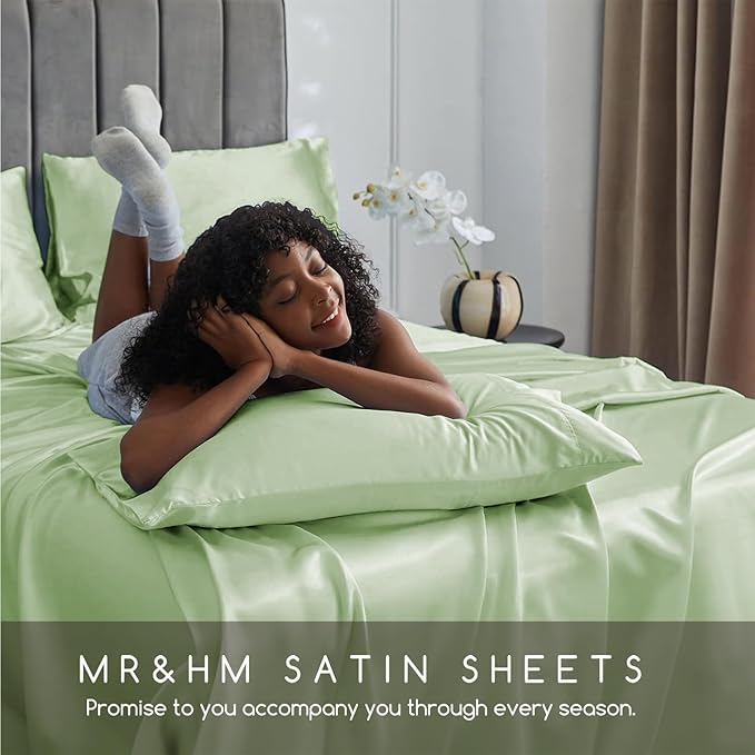 MR&HM Satin Bed Sheets with Elastic Corner Straps, Full Size Sheets Set - Image 5