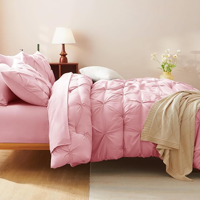 HIMEET Pintuck Bed in a Bag, 5 Pieces Twin XL Comforter Set Pink, Extra Long - Image 9