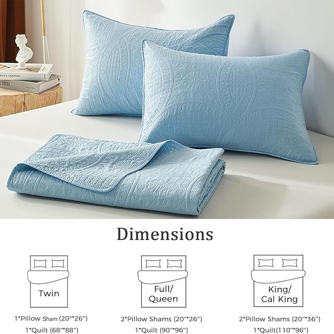 akkialla Queen Quilt Bedding Set, Sky Blue Ultrasonic Full/Queen Quilt Set - Image 6