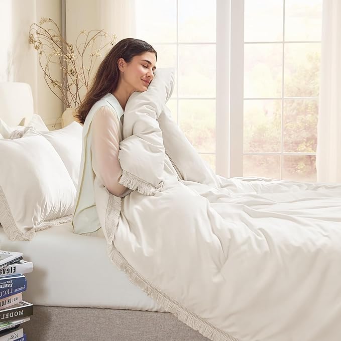Andency Oversized King Size Comforter Set Beige 128x120, 3 Pieces Boho Soft - Image 6