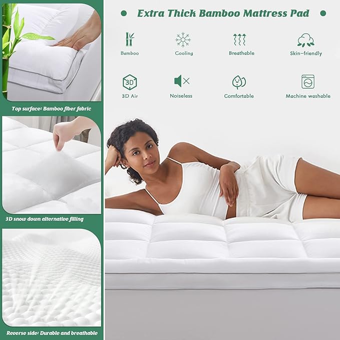 GRT Pillowtop Mattress Topper Twin Size, Rayon from Bamboo Mattress Cover Padded - Image 2