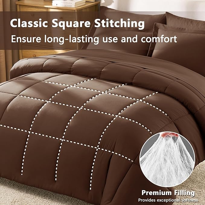 CozyLux Oversized Queen Comforter Sets Brown, 7 Pieces Bed in a Bag, 98x98 Box - Image 6
