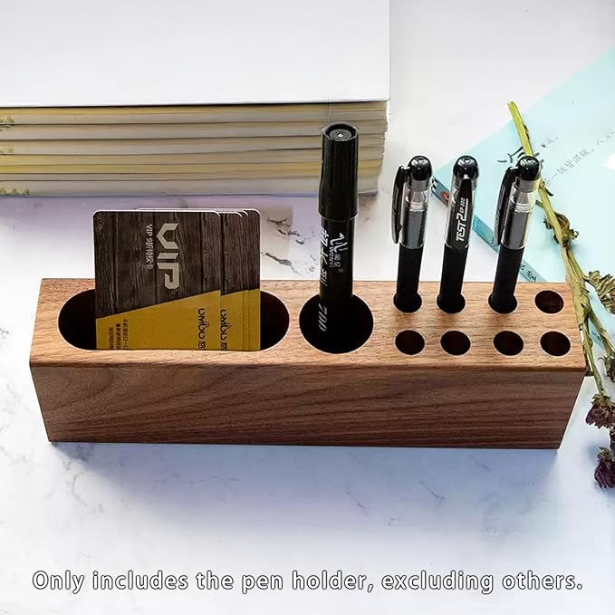 LiTY Pen Holder for Desk, Acacia Wooden Pencil Stand, Solid Wood Business Card Holder, Fountain Pen Organizer, Minimalist Aesthetic Office Stationery Desk Decor-DeskoryOffice
