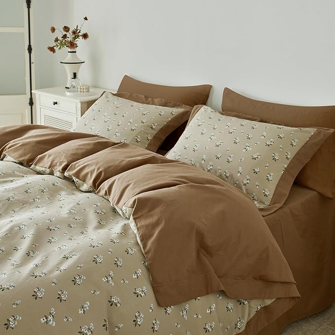 SUSYBAO Decorative Floral Duvet Cover King 100% Cotton 3 Pcs Set 1 Khaki White - Image 2