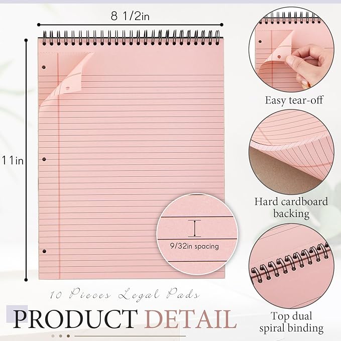 10 Packs 8.5" x 11" Top Spiral Notebook with 3 Hole Punched Legal Pads College Ruled Notepad 50 Sheets Hard Cardboard Paper Wirebound Notepad for Office School Business (Light Colors)-DeskoryOffice