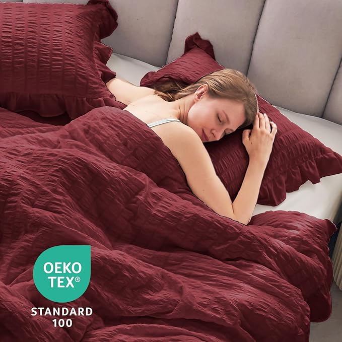 JOLLYVOGUE Queen Comforter Set, 3 Pieces Burgundy Seersucker Comforters Queen - Image 6